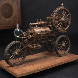 An intricately detailed, miniature steampunk vehicle, such as a steam-powered monocycle or a tiny steam car, placed next to a human for comparison, showcasing the impressive miniaturization of the 19th-century industrial machinery