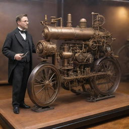 An intricately detailed, miniature steampunk vehicle, such as a steam-powered monocycle or a tiny steam car, placed next to a human for comparison, showcasing the impressive miniaturization of the 19th-century industrial machinery