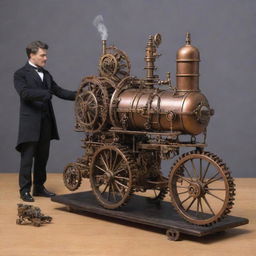 An intricately detailed, miniature steampunk vehicle, such as a steam-powered monocycle or a tiny steam car, placed next to a human for comparison, showcasing the impressive miniaturization of the 19th-century industrial machinery