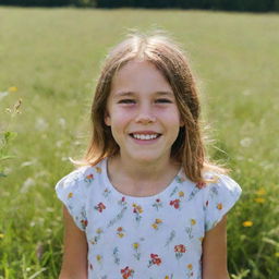 A vibrant portrait of a young girl smiling brightly while standing in a meadow filled with wildflowers during a sunny day