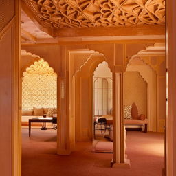 An aesthetic office interior design inspired by the architectural elements of a fort in Jaipur, blending traditional and contemporary elements.