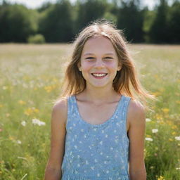 A vibrant portrait of a young girl smiling brightly while standing in a meadow filled with wildflowers during a sunny day