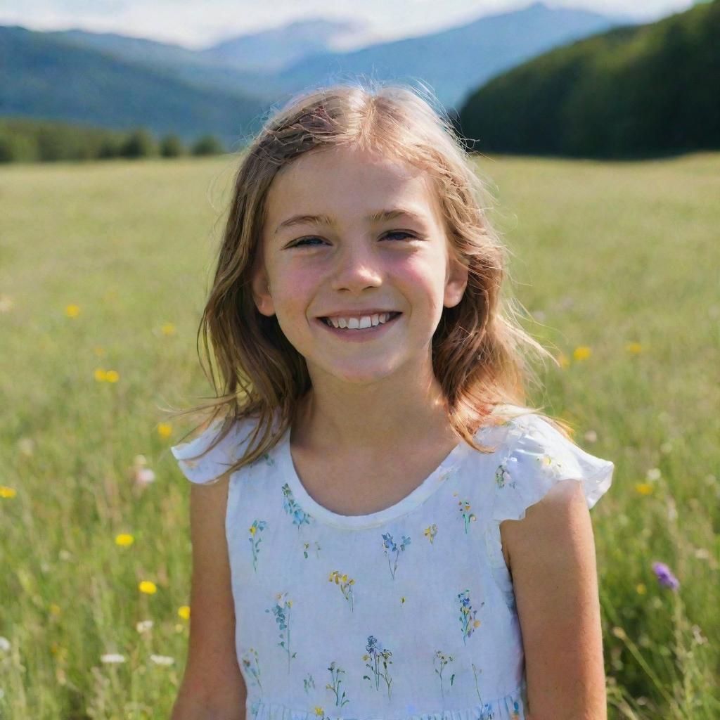 A vibrant portrait of a young girl smiling brightly while standing in a meadow filled with wildflowers during a sunny day