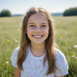 A vibrant portrait of a young girl smiling brightly while standing in a meadow filled with wildflowers during a sunny day