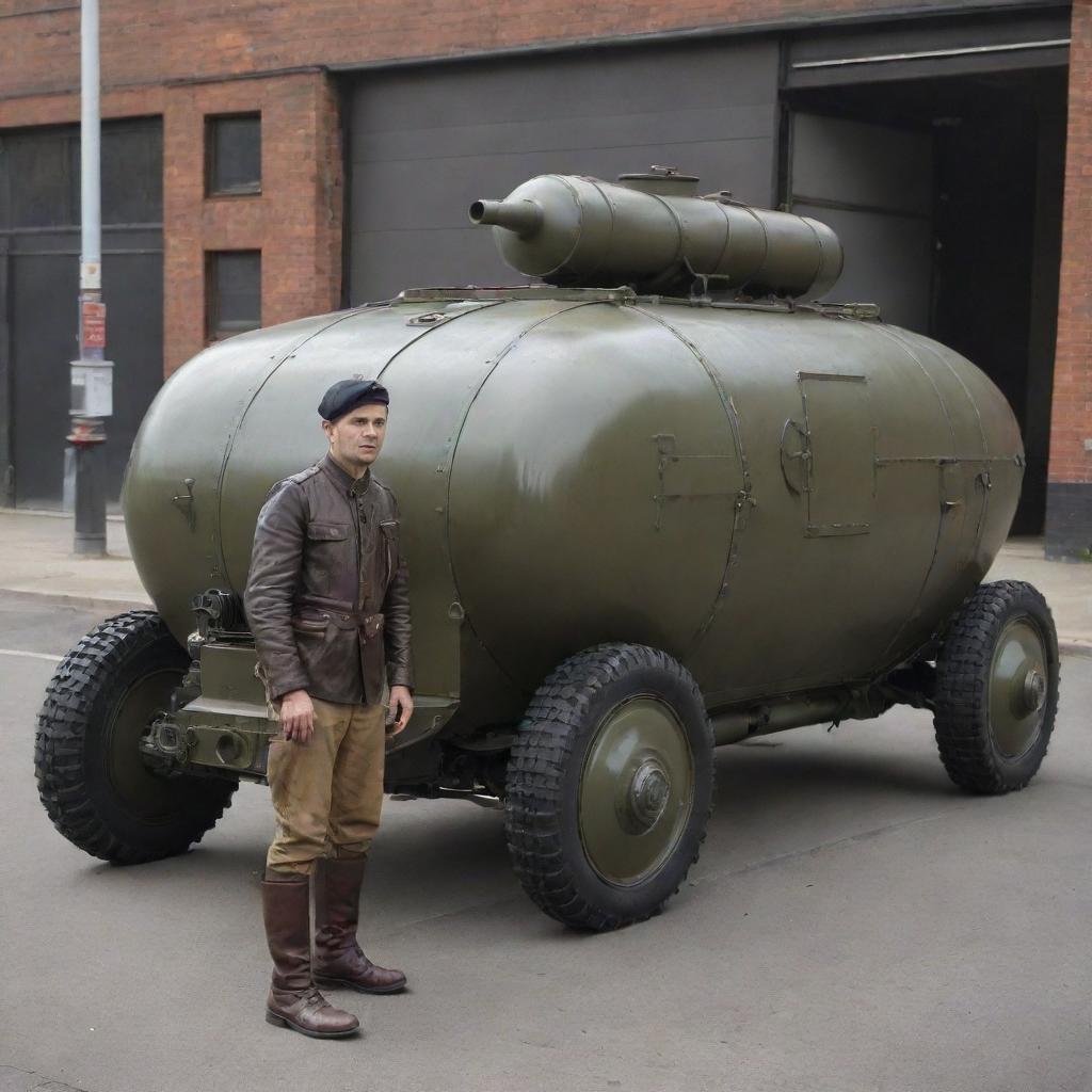 A detailed, mini dieselpunk vehicle, such as a diesel-powered monocycle or a tiny tank, placed next to a human for scale, illustrating the rugged, diesel-based interwar technology