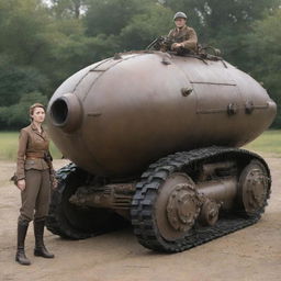 A detailed, mini dieselpunk vehicle, such as a diesel-powered monocycle or a tiny tank, placed next to a human for scale, illustrating the rugged, diesel-based interwar technology