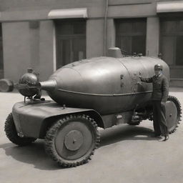 A detailed, mini dieselpunk vehicle, such as a diesel-powered monocycle or a tiny tank, placed next to a human for scale, illustrating the rugged, diesel-based interwar technology