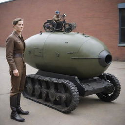 A detailed, mini dieselpunk vehicle, such as a diesel-powered monocycle or a tiny tank, placed next to a human for scale, illustrating the rugged, diesel-based interwar technology