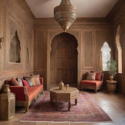 An interior design showcasing Moroccan style with its warm, rich colours, intricate patterns, ornate wooden furniture, brass accents, and eye-catching textiles.