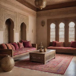 An interior design showcasing Moroccan style with its warm, rich colours, intricate patterns, ornate wooden furniture, brass accents, and eye-catching textiles.