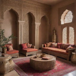 An interior design showcasing Moroccan style with its warm, rich colours, intricate patterns, ornate wooden furniture, brass accents, and eye-catching textiles.