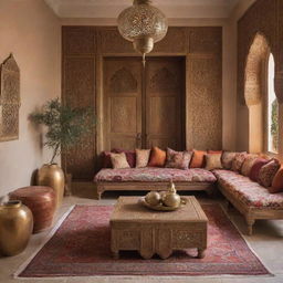 An interior design showcasing Moroccan style with its warm, rich colours, intricate patterns, ornate wooden furniture, brass accents, and eye-catching textiles.