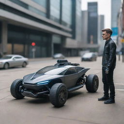 A meticulously detailed, miniature cyberpunk vehicle, such as a nano-hoverbike or miniature self-driven car, placed beside a human for scale, exhibiting high-tech and dystopian aesthetics of the advanced future