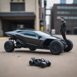 A meticulously detailed, miniature cyberpunk vehicle, such as a nano-hoverbike or miniature self-driven car, placed beside a human for scale, exhibiting high-tech and dystopian aesthetics of the advanced future