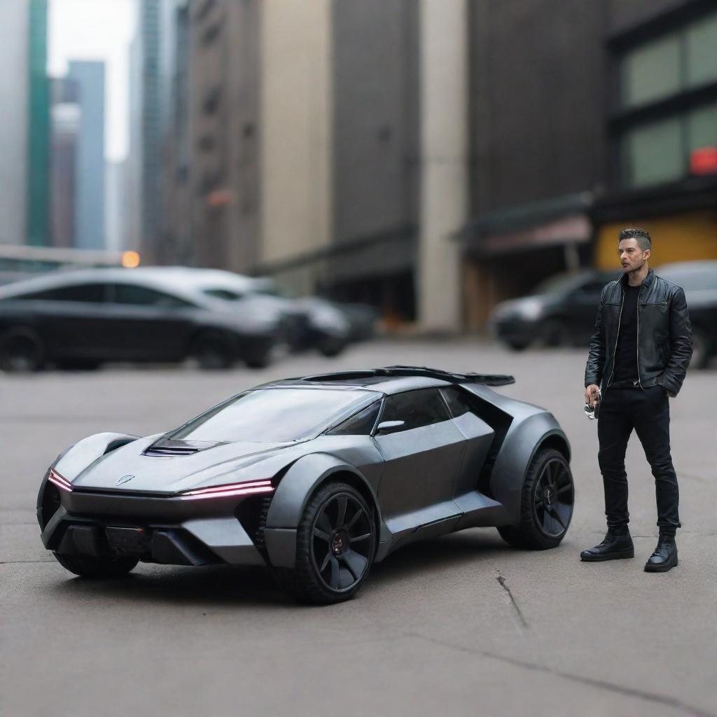 A meticulously detailed, miniature cyberpunk vehicle, such as a nano-hoverbike or miniature self-driven car, placed beside a human for scale, exhibiting high-tech and dystopian aesthetics of the advanced future