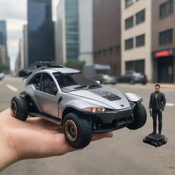 A meticulously detailed, miniature cyberpunk vehicle, such as a nano-hoverbike or miniature self-driven car, placed beside a human for scale, exhibiting high-tech and dystopian aesthetics of the advanced future