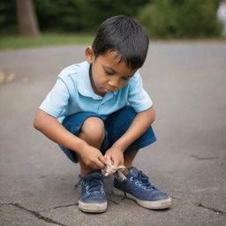 A young boy carefully cleaning his shoes with focus and determination