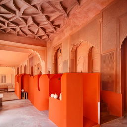 An aesthetic office interior design inspired by the architectural elements of a fort in Jaipur, blending traditional and contemporary elements.