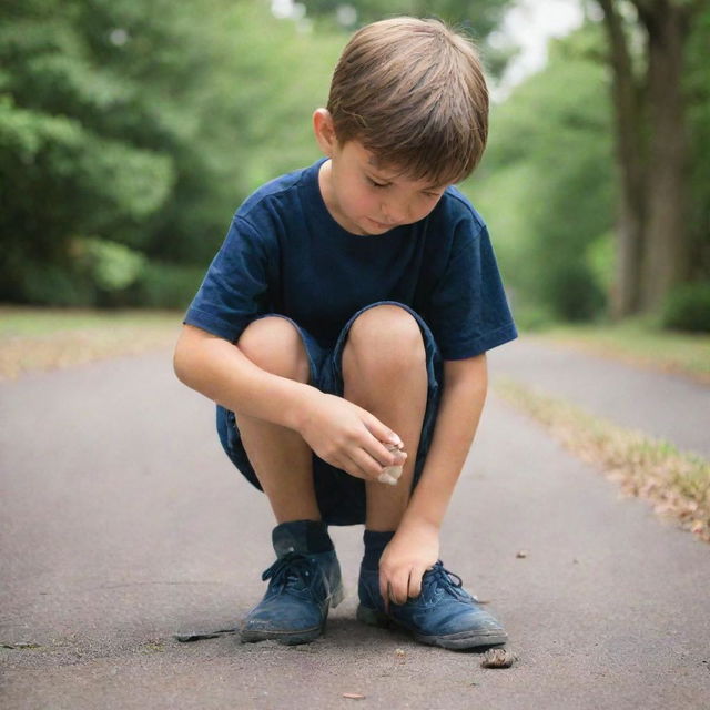 A young boy carefully cleaning his shoes with focus and determination