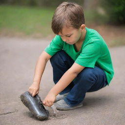 A young boy carefully cleaning his shoes with focus and determination