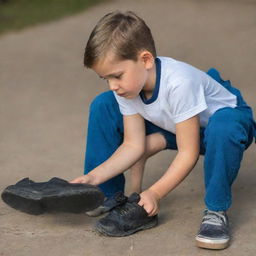 A young boy carefully cleaning his shoes with focus and determination