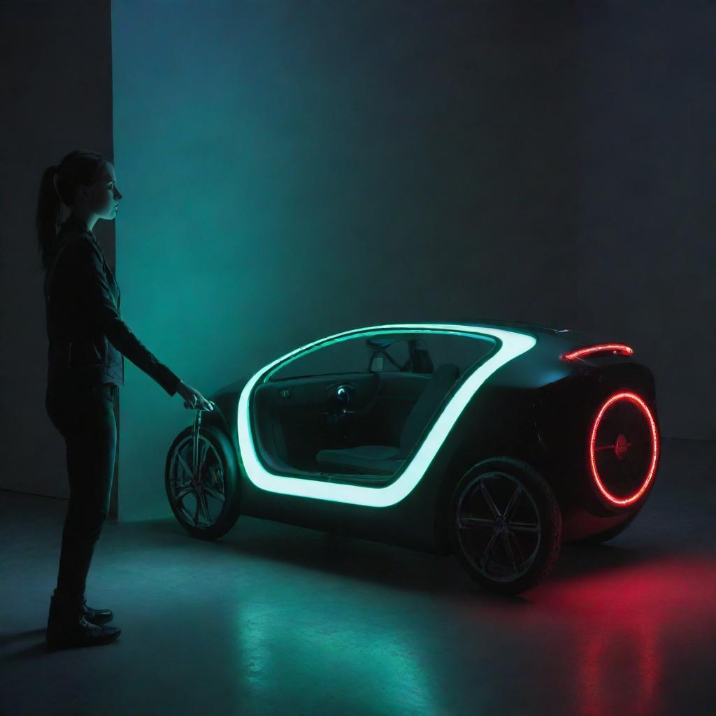 A miniature electropunk vehicle, such as a neon-lit monocycle or tiny electric car, placed next to a human for scale, reflecting sleek, digital design and electric-powered technology