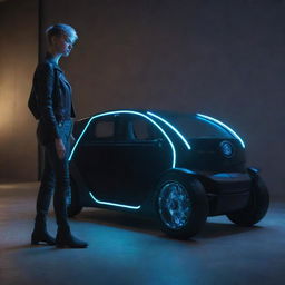 A miniature electropunk vehicle, such as a neon-lit monocycle or tiny electric car, placed next to a human for scale, reflecting sleek, digital design and electric-powered technology