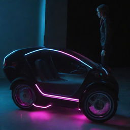 A miniature electropunk vehicle, such as a neon-lit monocycle or tiny electric car, placed next to a human for scale, reflecting sleek, digital design and electric-powered technology