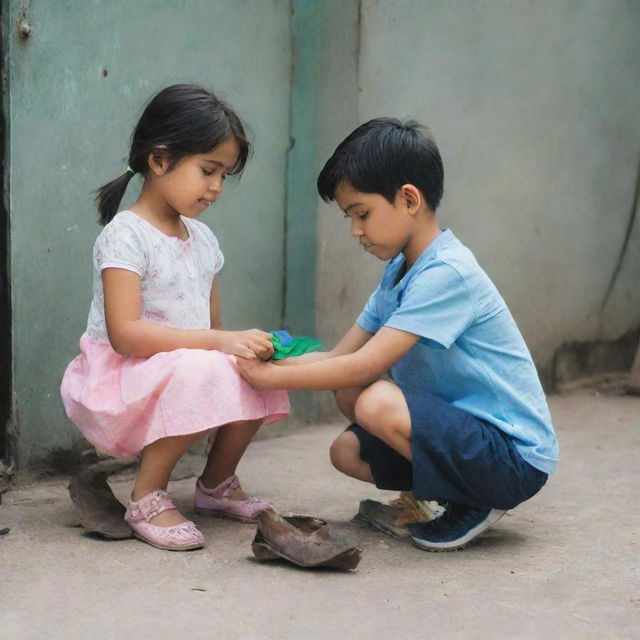 A boy diligently cleaning a pair of girl's footwear