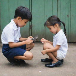 A boy diligently cleaning a pair of girl's footwear