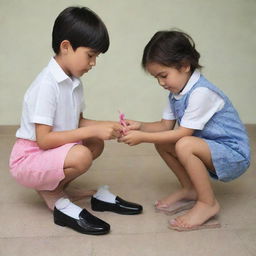 A boy diligently cleaning a pair of girl's footwear