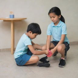 A boy diligently cleaning a pair of girl's footwear