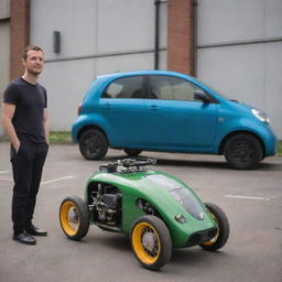 A tiny Gaspunk-style vehicle, like a miniature gas-powered monocycle or micro car, showcased next to a human for scale, encapsulating the aesthetics of industrial gas-powered machinery