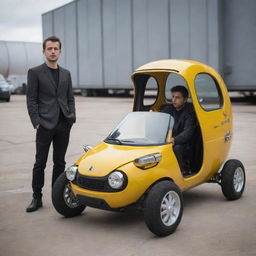 A tiny Gaspunk-style vehicle, like a miniature gas-powered monocycle or micro car, showcased next to a human for scale, encapsulating the aesthetics of industrial gas-powered machinery