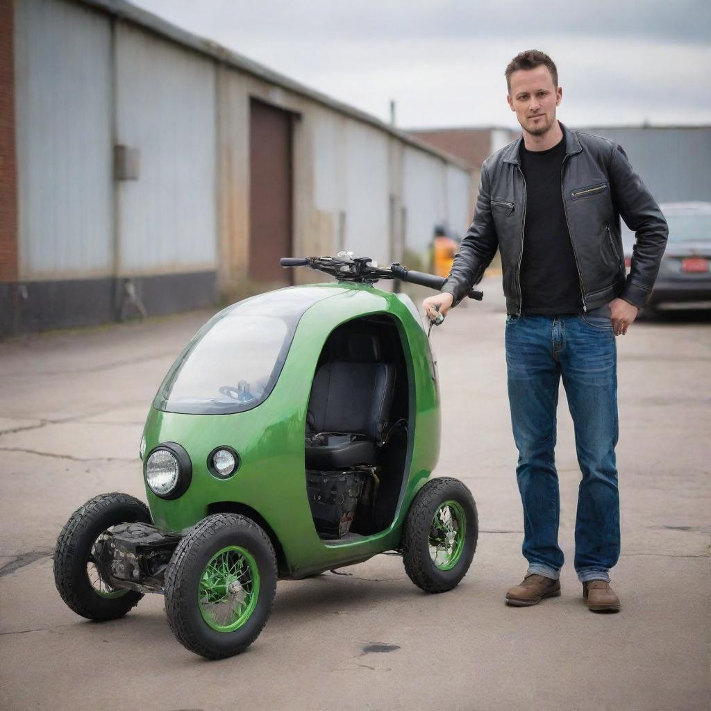 A tiny Gaspunk-style vehicle, like a miniature gas-powered monocycle or micro car, showcased next to a human for scale, encapsulating the aesthetics of industrial gas-powered machinery