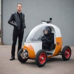 A tiny Gaspunk-style vehicle, like a miniature gas-powered monocycle or micro car, showcased next to a human for scale, encapsulating the aesthetics of industrial gas-powered machinery