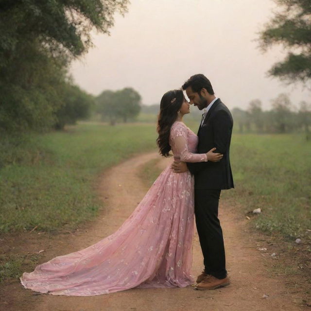 A romantic and loving scene of a couple, appearing as though they are named Sheza and Fahad. Their names are subtly integrated into the environment around them.