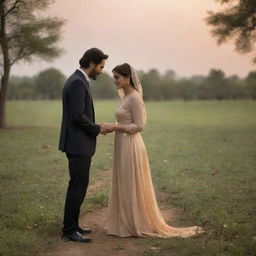 A romantic and loving scene of a couple, appearing as though they are named Sheza and Fahad. Their names are subtly integrated into the environment around them.