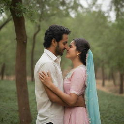 A romantic and loving scene of a couple, appearing as though they are named Sheza and Fahad. Their names are subtly integrated into the environment around them.