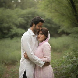 A romantic and loving scene of a couple, appearing as though they are named Sheza and Fahad. Their names are subtly integrated into the environment around them.