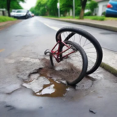 Why did the bicycle fall over? It had a mischance encounter with a pothole!