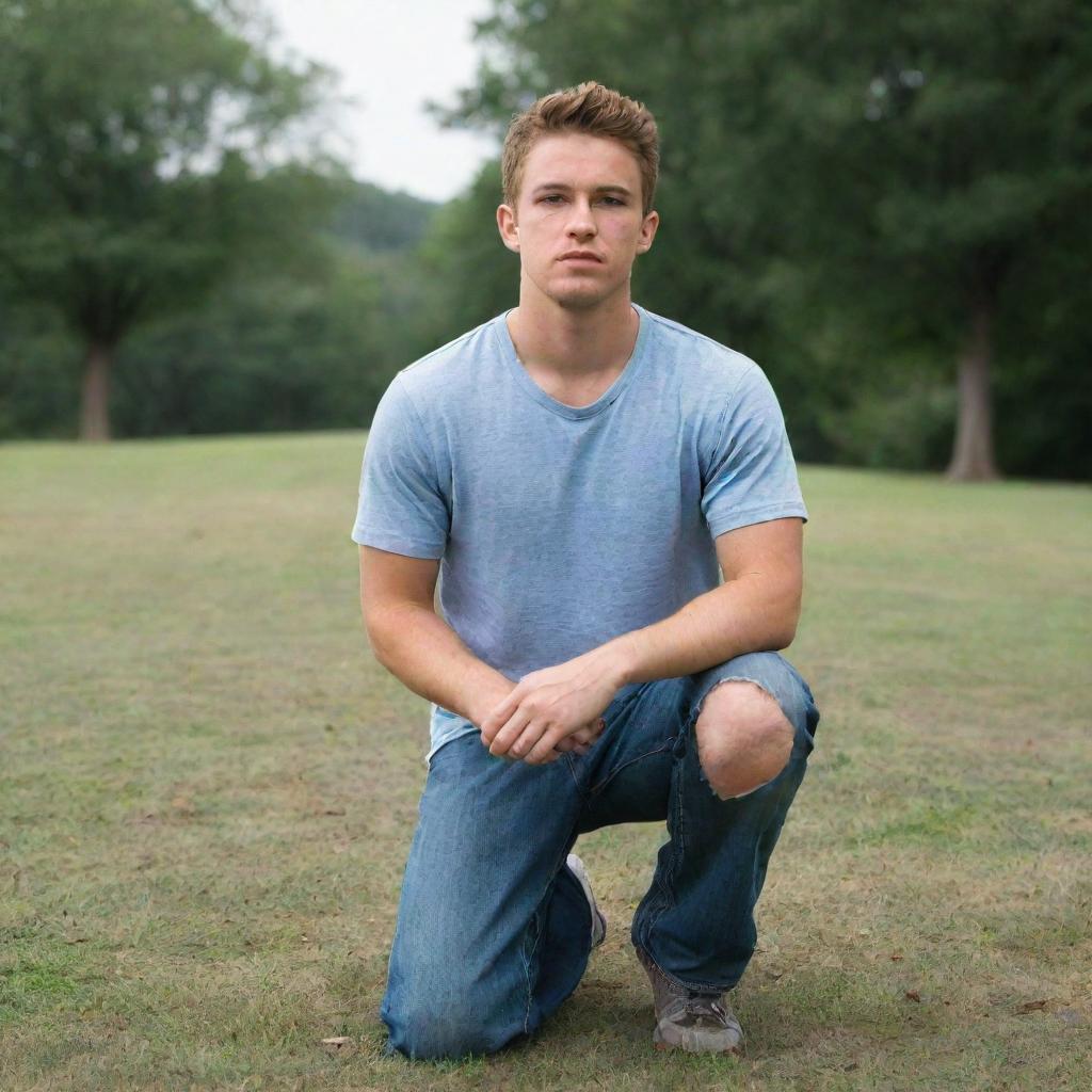 A young adult male kneeling solemnly