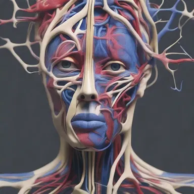 The artist depicted a dramatic representation of the trigeminus nerve, emphasizing its intricate pathways and connection to the facial muscles, in their abstract artwork.