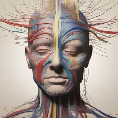 The artist depicted a dramatic representation of the trigeminus nerve, emphasizing its intricate pathways and connection to the facial muscles, in their abstract artwork.