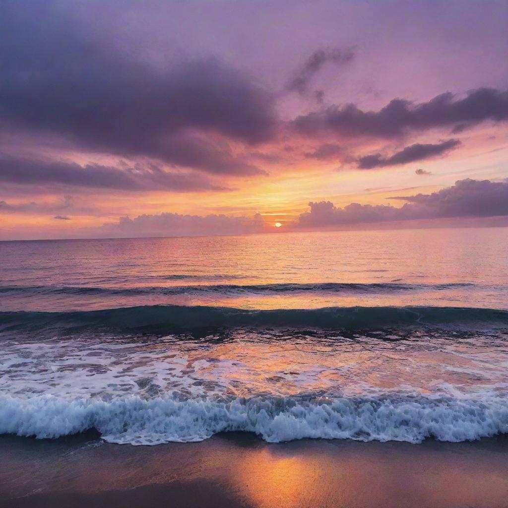 A breathtaking sunset overlooking a calm ocean, highlighting warm and cool shades of purple, pink and orange