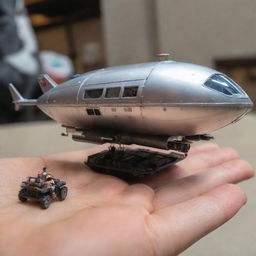 A miniature Airpunk-style vehicle, showcasing a tiny airship or hovercraft utilizing floating technologies, placed next to a human for scale, reflecting the whimsical and airy aesthetics of Airpunk