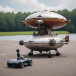 A miniature Airpunk-style vehicle, showcasing a tiny airship or hovercraft utilizing floating technologies, placed next to a human for scale, reflecting the whimsical and airy aesthetics of Airpunk