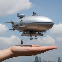 A miniature Airpunk-style vehicle, showcasing a tiny airship or hovercraft utilizing floating technologies, placed next to a human for scale, reflecting the whimsical and airy aesthetics of Airpunk