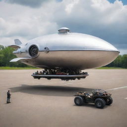 A miniature Airpunk-style vehicle, showcasing a tiny airship or hovercraft utilizing floating technologies, placed next to a human for scale, reflecting the whimsical and airy aesthetics of Airpunk