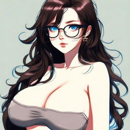 Generate an image of a character with long dark brown wavy hair, big round glasses, big bright blue eyes